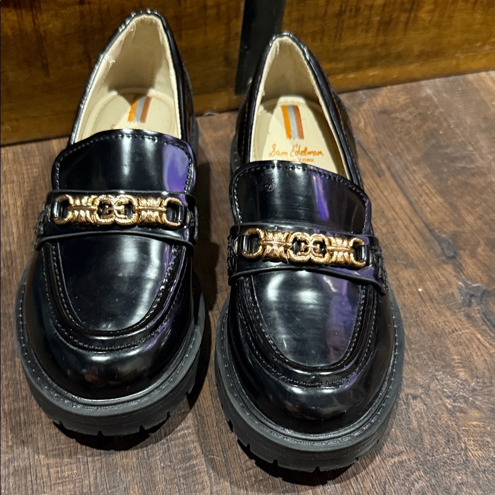 Sam Edelman Shiny Black Loafers with Gold Detailing